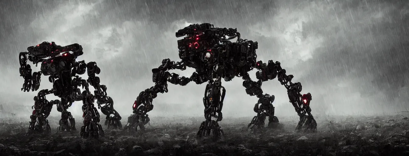 Prompt: image of terrific and creepy gigantic 8 - leg spider mech robot with volumetric lights, running and hunting remaining humans in a heavy rainy post - apocalyptic world, high detail, dramatic moment, motion blur, ground fog, dark atmosphere, saturated colors, by james paick, render unreal engine - h 7 0 4