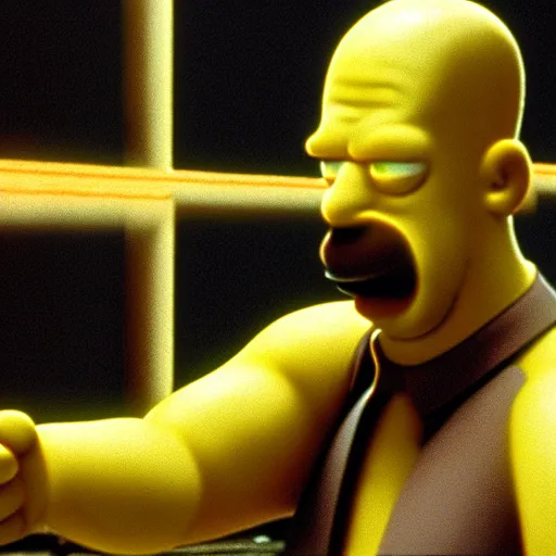 Image similar to A high res cinematic film still of Homer Simpson in the movie The Matrix.