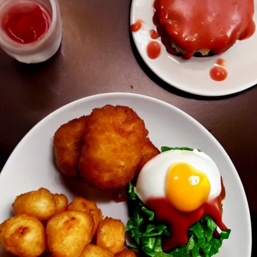 Image similar to food photo of channing tatum's face as tater tot on a plate with ketchup