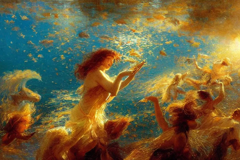 Image similar to portrait of goldfishes swarming the ocean. shadow and light. rays of light. energetic, dynamic, lively, detailed, intricate, complex. fine art by gaston bussiere.