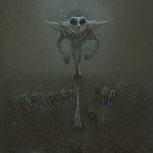 Image similar to demonic alien with long fingers at the foot of the bed in a dark room, tombstones, cows, beksinski