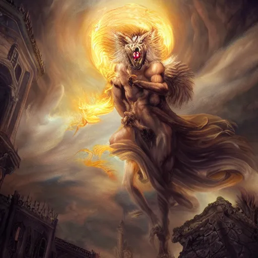 Image similar to A epic and beautiful rococo painting of a angelic werewolf inside a burning cathedral. Final boss. Castlevania style. ultra-detailed. Anime, pixiv, UHD 8K CryEngine, octane render