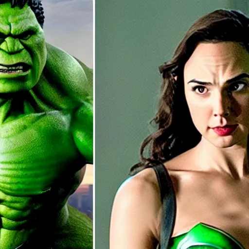 Prompt: still of gal gadot as female hulk in the remake of the incredible hulk (2035),