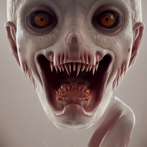 Image similar to creature with immensely small pupils, [ staring menacingly at the camera ], sharp teeth, trending on cgsociety, eerie!!! atmosphere, 4 k photorealistic quality, grim, gloomy lighting!!!