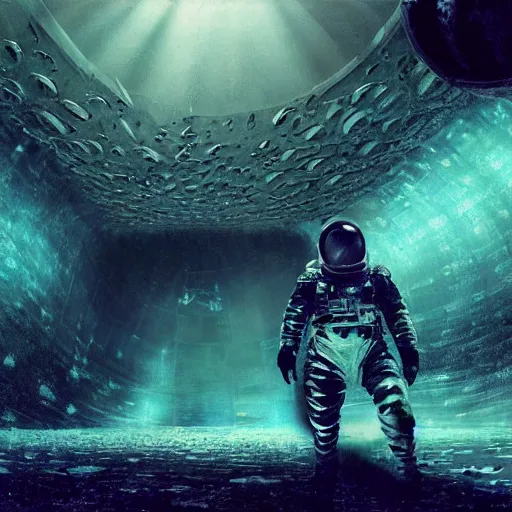 Prompt: concept art by craig mullins astronaut in futuristic dark and empty spaceship underwater. infrared complex and hyperdetailed technical suit. mandelbulb fractal. glowing light! reflection and dispersion materials. rays and dispersion of light. volumetric light. 5 0 mm, f / 3 2. noise film photo. flash photography. interstellar movie art