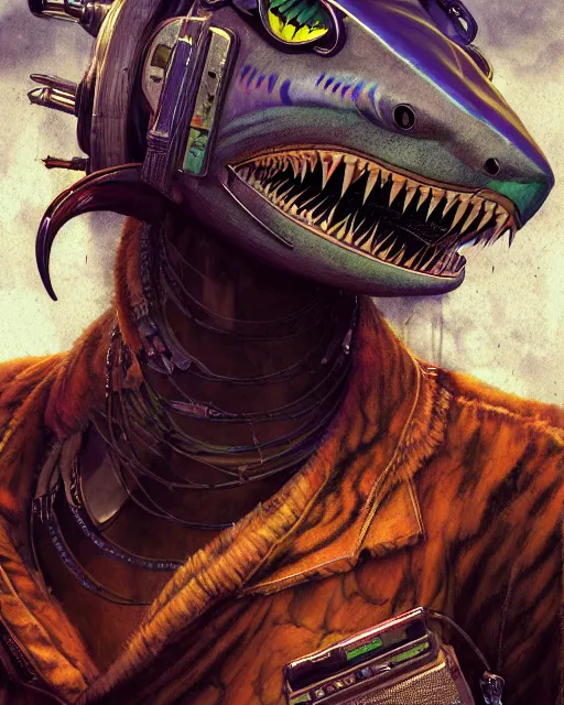 Image similar to a portrait of an anthropomorphic cyberpunk tiger shark, by jon foster, detailed render, epic composition, cybernetics, 4 k realistic, fender stratocaster, cryengine, realistic shaded lighting, sharp focus, masterpiece, by enki bilal