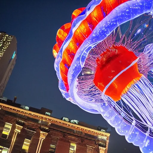 Image similar to at night, nyc, camera looking up, beautiful hot air balloons in a jellyfish shape