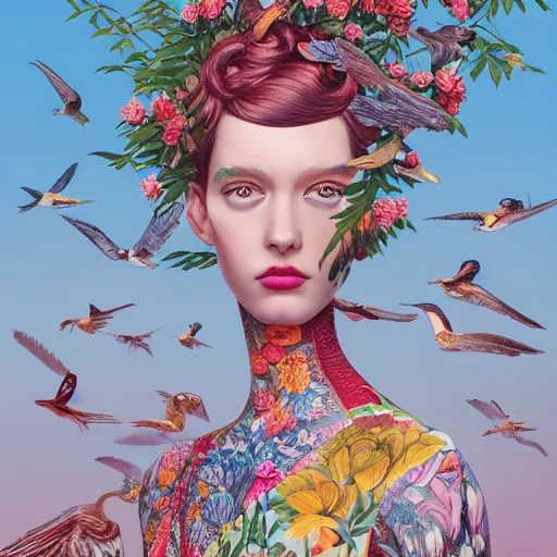 Image similar to pretty model with botanical and birds : : by martine johanna and simon stalenhag and chie yoshii and casey weldon and wlop : : ornate, dynamic, particulate, rich colors, intricate, elegant, highly detailed, vogue, harper's bazaar art, fashion magazine, smooth, sharp focus, 8 k, octane render