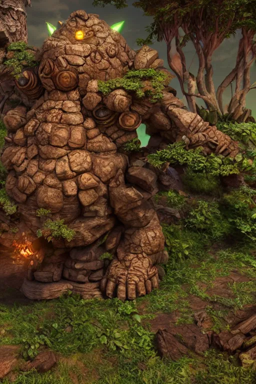 Image similar to zelda fantasy art giant golem troll wood rock greeble gemstone, global illumination ray tracing hdr fanart arstation by sung choi and eric pfeiffer and gabriel garza and casper konefal