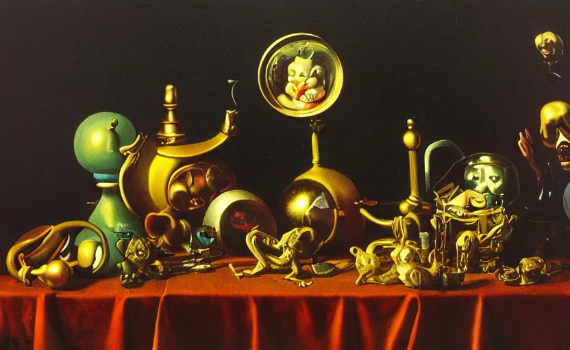 Prompt: disturbing colorful oil painting dark background dutch golden age vanitas still life vintage toys beautiful composition with bizarre objects strange surfaces shiny metal reflections bizarre lights rachel ruysch dali todd schorr very detailed perfect composition rule of thirds masterpiece canon 5 0 mm, cinematic lighting, photography, retro, film, kodachrome