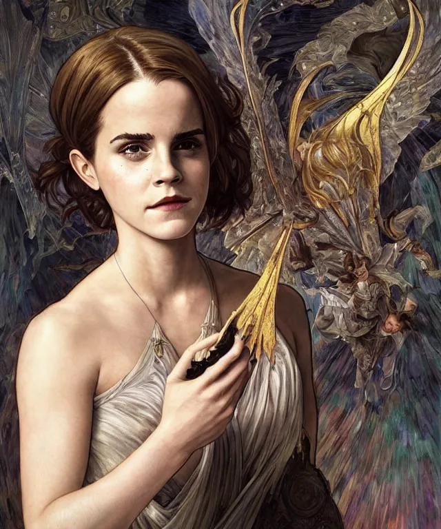 Image similar to Emma Watson as Lucifer morningstar, highly detailed, digital painting, artstation, concept art, smooth, sharp focus, illustration, ArtStation, art by artgerm and greg rutkowski and alphonse mucha and J. C. Leyendecker and Edmund Blair Leighton and Katsuhiro Otomo and Geof Darrow and Phil hale and Ashley wood and Ilya repin and Charlie Bowater