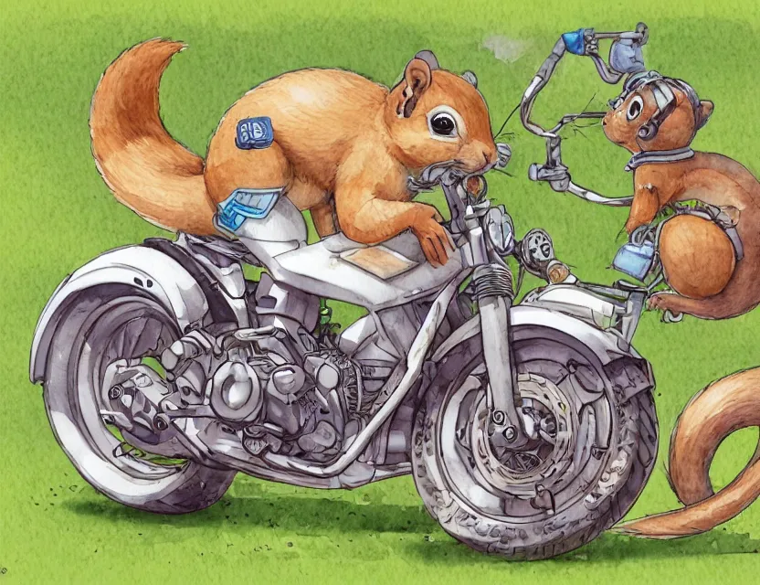 Image similar to cute and funny, a bipedal squirrel washing his motorcycle, centered award winning watercolor pen illustration, isometric illustration by chihiro iwasaki, edited by range murata, tiny details by artgerm and watercolor girl, sharply focused