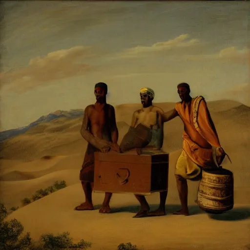 Image similar to Three men carrying a chest in the desert by finlay virgil