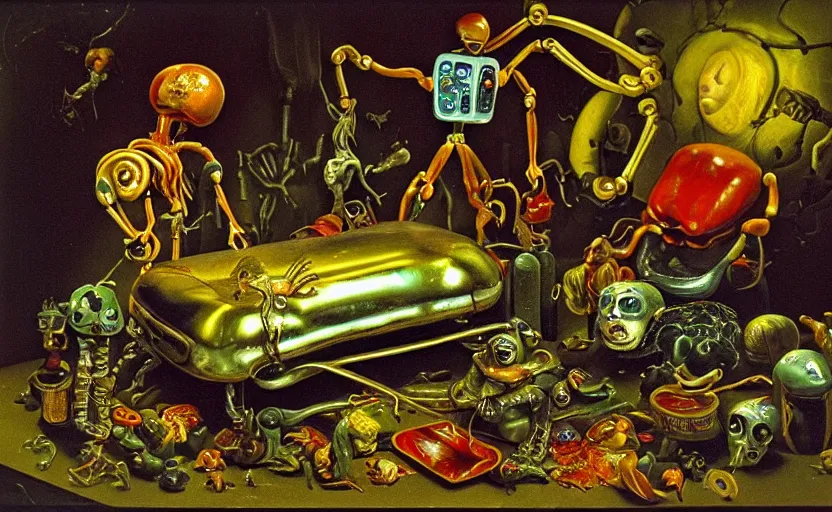 Prompt: strange robot body, disturbing colorful oil painting dutch golden age vanitas still life sparse composition with bizarre objects strange gooey transparent surfaces shiny metal reflections bizarre mutant meat insects rachel ruysch dali todd schorr very detailed perfect composition rule of thirds masterpiece canon 5 0 mm, cinematic lighting, photography, retro, film, kodachrome