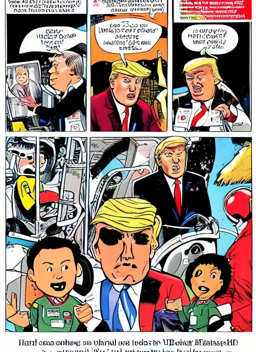 Prompt: a full page panel drawn by bill watterspn depicting trump and spaceman spiff