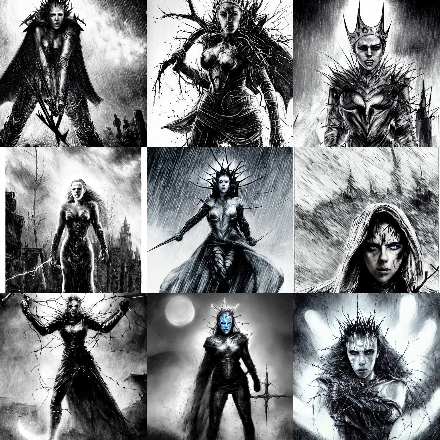 Prompt: black and white, scarlett johansson as a white walker, wearing rain soaked armour in the pouring rain and a crown of thorns, frank frazetta manga style, hyper realism, pencil and ink, full body standing pose, dynamic lighting in a post apocalyptic city, at night with dramatic moonlight, drawn with added movement effects, cinematic effects vfx, dynamic angle