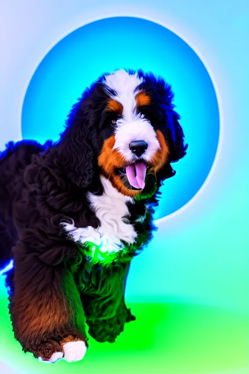 Image similar to a cute bernedoodle puppy sitting in a gaming chair + neon rgb light strips, large computer monitor, mountains in background!!!!!!!, vaporwave, dramatic, confident, rule of thirds, 4 k, award winning, octane render, volumetric lighting