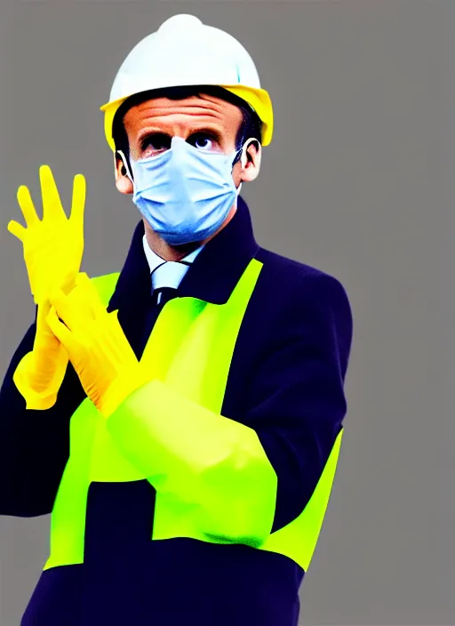 Image similar to emmanuel macron wearing hivis coat, hard hat and rubber gloves, digital art