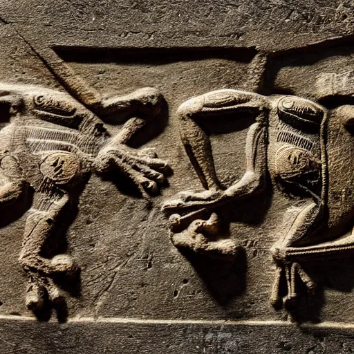 Prompt: ancient hieroglyphic relief of a group of frogs, 40mm lens, shallow depth of field, split lighting
