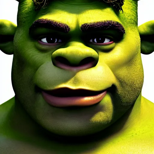 Image similar to portrait photograph of a beautiful handsome perfect shrek with majestic thick curly brown hair and an extremely chiseled jawline with sharp jagged cheekbones and a strong symmetrical facial structure with decently big lips realistic hyperrealistic 4 k resolution 8 k resolution highly detailed very detailed extremely detailed hd quality detailed face very detailed face extremely detailed face trending on artstation