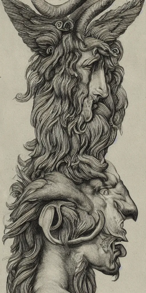 Image similar to human / eagle / lion / ox hybrid. horns, beak, mane, human body. drawn by da vinci