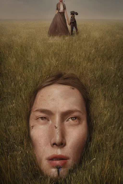 Image similar to a fancy portrait of a giant michanical face buried in the meadow by Greg Rutkowski, Sung Choi, Mitchell Mohrhauser, Maciej Kuciara, Johnson Ting, Maxim Verehin, Peter Konig, final fantasy, Marco lense , 8k photorealistic, cinematic lighting, HD, high details, atmospheric , trending on artstation