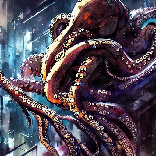 Image similar to octopus in space, cyberpunk, realistic, detailed, Industrial Scifi, paint, watercolor, in the style of Ashley Wood and Wadim Kashin