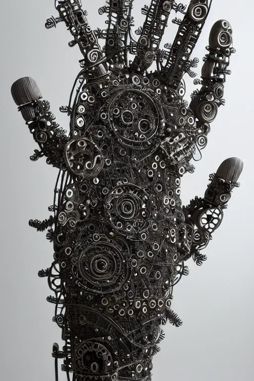 Image similar to cybernetic robotic hand made of intricate gears, wires and ceramics, engraved with sanskrit writing