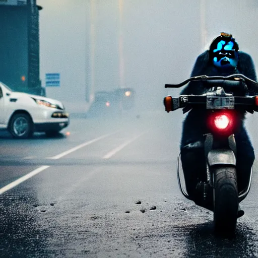 Image similar to a gorilla is riding a motor cycle in a cyberpunk city, shot from far away, during night, raining, many puddles on the street where the shiny motorcycle is reflected in