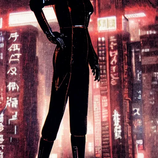 Image similar to bladerunner women wearing a jumpsuit and a biomechanical mask in the style of akira, smooth, sharp focus, hat lines, film still, zeiss lens