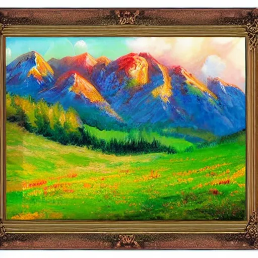 Prompt: cozy meadow at the base of a mountain. Vibrant. Bright harmonic color tone with cascading disposition. Focus on Mountain. Epic composition. Thick opaque oil on vellum.