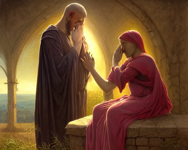 Image similar to realistic matte painting of a poor hungry couple praying to a cross and crying, emotional sad painting, very poor, hungry, love eachother, medieval peasants, fantasy, cruel, dramatic lighting, intricate, wild, highly detailed, digital painting, artstation, concept art, smooth, sharp focus, illustration, art by artgerm and greg rutkowski and alphonse mucha