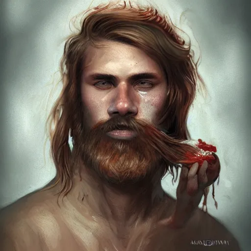 Image similar to portrait of a young rugged hot dog, extra onions and ketchup, luscious with sesame seeds, handsome, D&D, fantasy, intricate, eldritch, Viking, elegant, highly detailed, digital painting, sweaty meat, artstation, concept art, matte, sharp focus, illustration, art by Anna dittmann