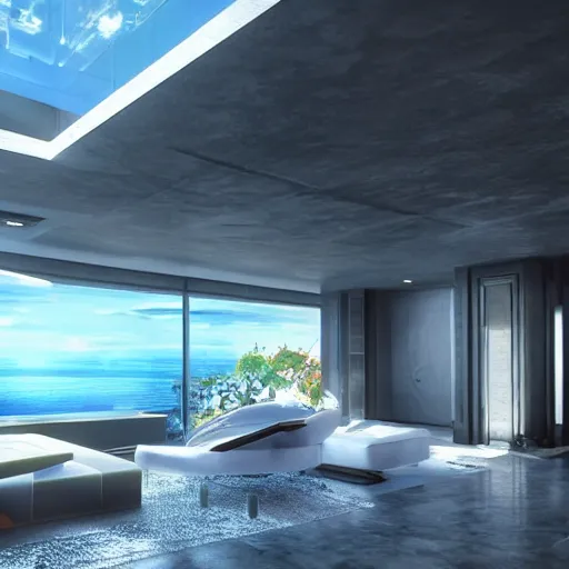 Image similar to video game set inside a beautiful futuristic mansion, mirror's edge, clean, views to the ocean, elegant study