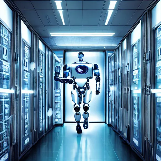 Image similar to a digital art of robot power armor in server room in style of space odyssey character design, robot in data center, trending on artstation, 8 k, ultra wide angle, zenith view, pincushion lens effect