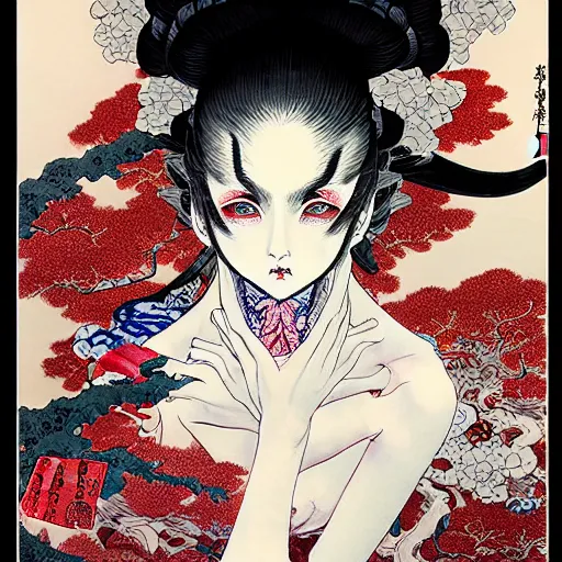 Prompt: prompt: Demon girl face painted in Hokusai style drawn by Vania Zouravliov and Takato Yamamoto, intricate oil painting, high detail, Neo-expressionism, post-modern gouache marks on the side, gnarly details soft light, white background, intricate detail, intricate ink painting detail, sharp high detail, manga and anime 2000