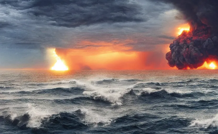 Image similar to sunny day ocean big explosion on the horizon and crowd watching war apocalyptic photorealistic