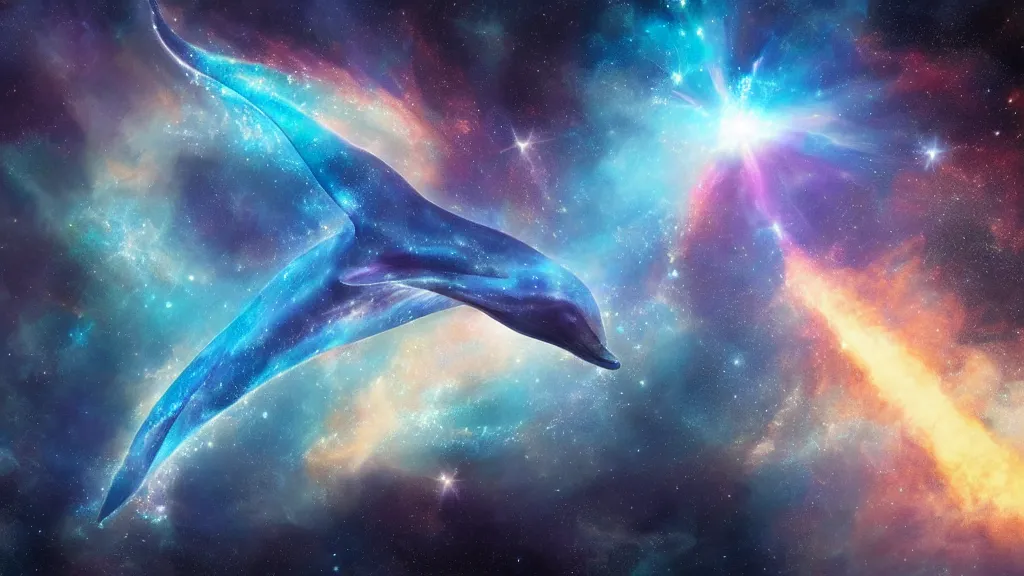 Image similar to Ethereal blue fire whale and dolphins flying through a nebula, star dust, cosmic, magical, shiny, glow,cosmos, galaxies, stars, outer space, stunning, by andreas rocha and john howe, and Martin Johnson Heade, featured on artstation, featured on behance, golden ratio, ultrawide angle, hyper detailed, photorealistic, epic composition, wide angle, f32, well composed, UE5, 8k