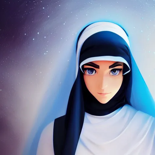 Prompt: arab Ameera al-Taweel, maiden, bright blue eyes, black hair, simple white veil, by beeple, studio ghibli, wallpaper, highly detailed, trending on artstation