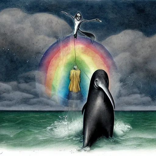 Image similar to the grim reaper on the back of a dolphin that is jumping over a rainbow, by santiago caruso,