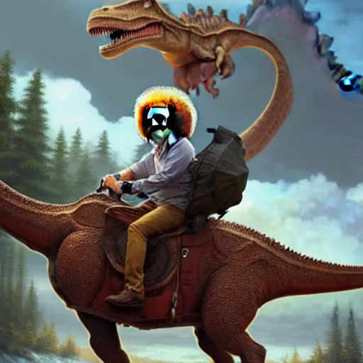 Image similar to bob ross!!! riding!!! a dinosaur!!, model pose, ultra realistic, concept art, intricate details, highly detailed, photorealistic, octane render, 8 k, unreal engine. art by artgerm and greg rutkowski and alphonse mucha