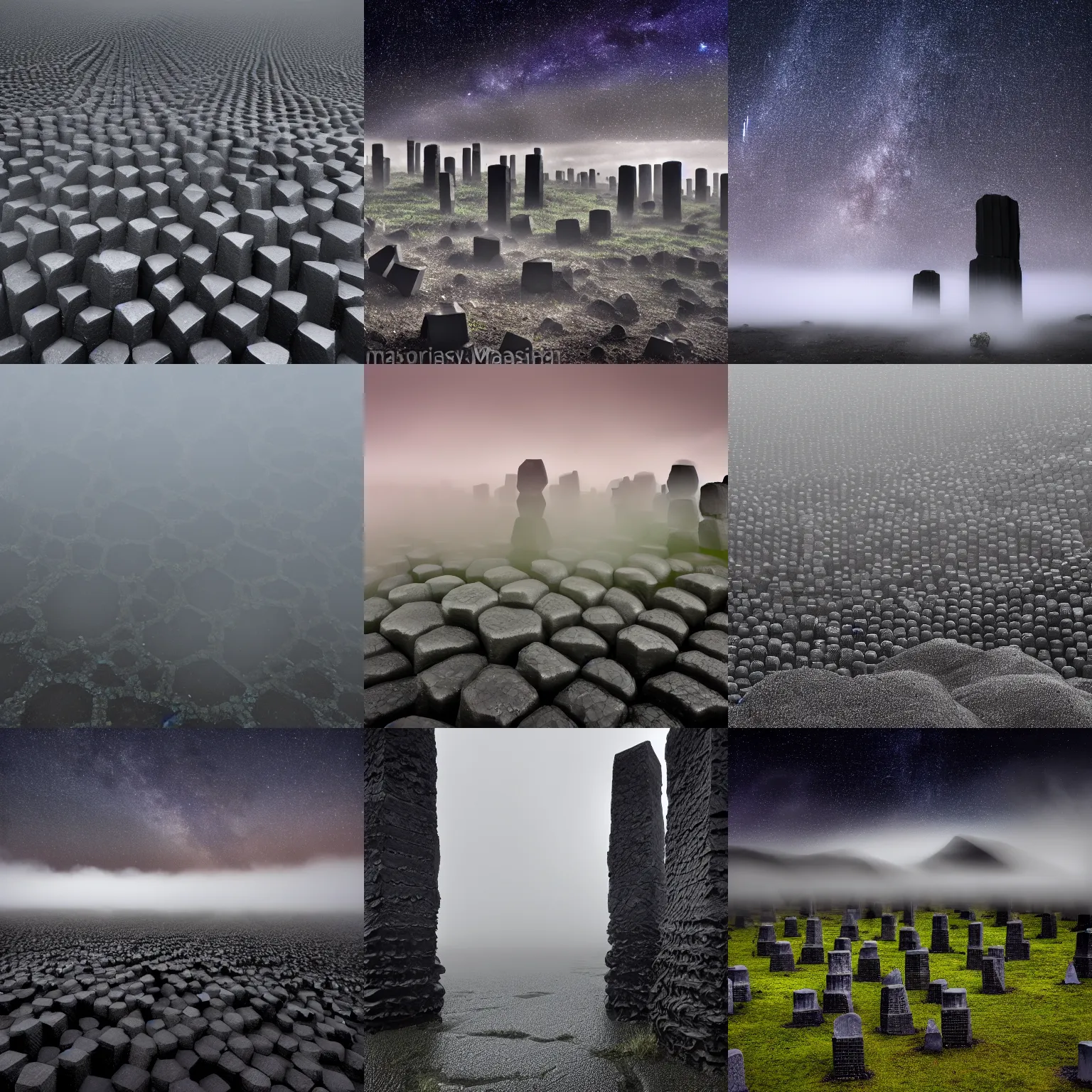 Prompt: field of hexagonal basalt columns, fog, dark, stars, wet, glossy, black, 4 k photo high quality trending on arstation