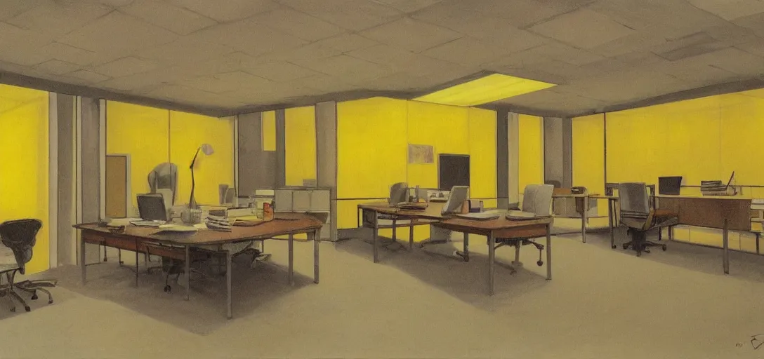 Prompt: Empty office Space with yellow wallpaper and LED Ceiling lights, painting by Frank Lloyd Wright