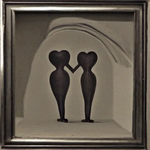 Image similar to perfectly centered symmetrical split male and female portrait of man and woman in love sharing one heart ; art by gertrude abercrombie