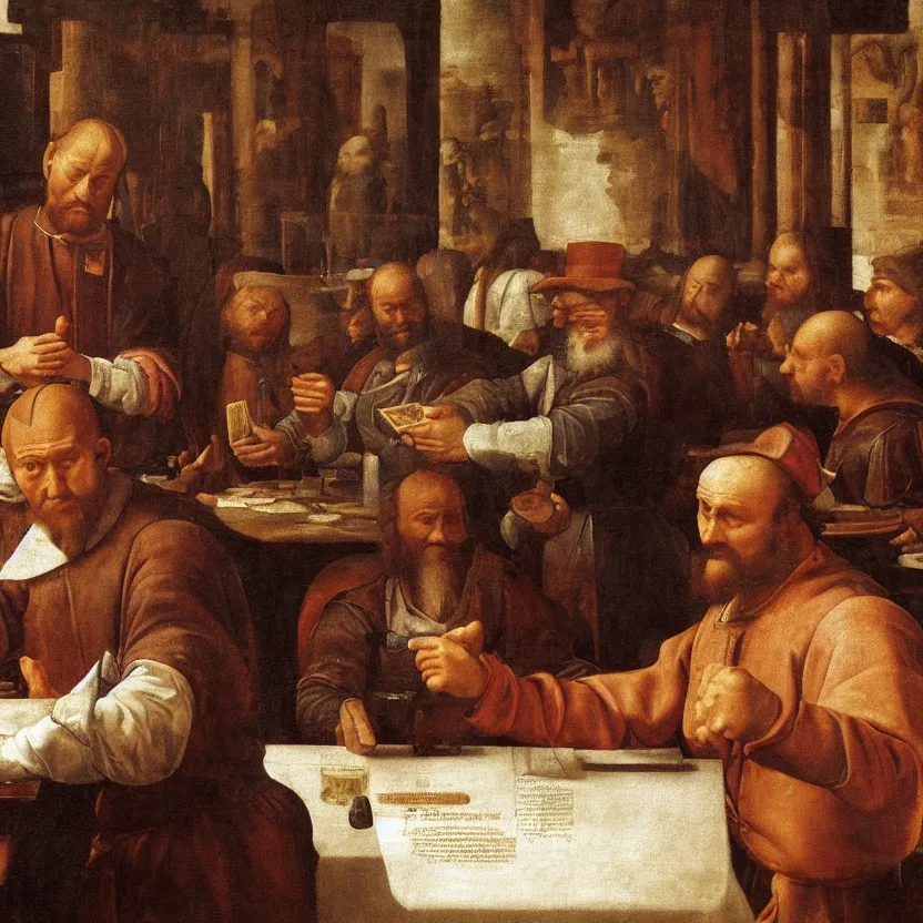 Image similar to Oil painting of a man ordering at McDonald's, renaissance, highly detailed, artstation, unreal engine 5, by Leonardo da Vinci and Michelangelo