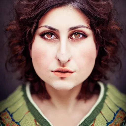 Image similar to A portrait of a plump romanian woman, art neuveau woman with straight brown hair in a Bob, no bangs, brown eyes, full face, olive skin, romanian heritage, full shot, mid-shot, 8k, by mucha