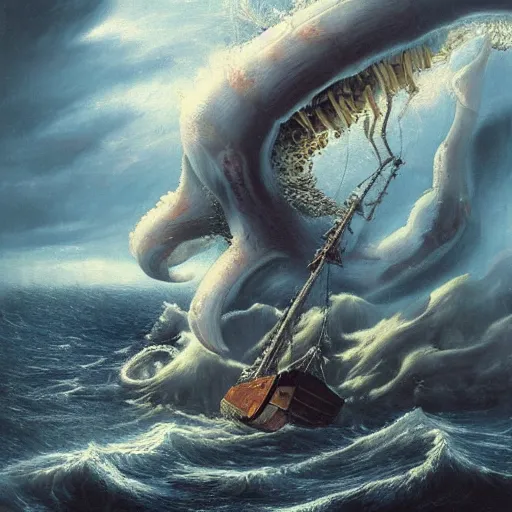 Image similar to a highly detailed hyperrealistic scene of a ship being attacked by giant squid tentacles, jellyfish, squid attack, dark, voluminous clouds, thunder, stormy seas, pirate ship, dark, high contrast, giant sea monster attacking from the clouds