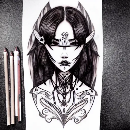 Image similar to tattoo design, stencil, beautiful young female, long dark hair, symmetrical facial features, Japanese, partially clothed in robe, by William-Adolphe Bouguerea and artgerm