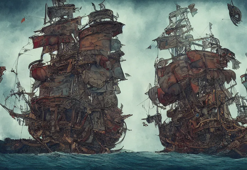 Prompt: handmade illustration of a cartoonish pirate ship, line art, ink, watercolor by Kilian Eng and by Jake Parker, winning-award masterpiece, fantastic, octane render, 8K HD Resolution, High quality image