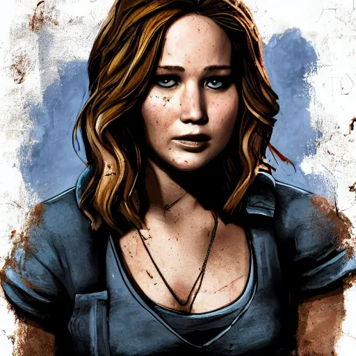 Image similar to jennifer lawrence portrait, borderlands, tales from the borderlands, the wolf among us, comic, cinematic lighting, studio quality, 8 k